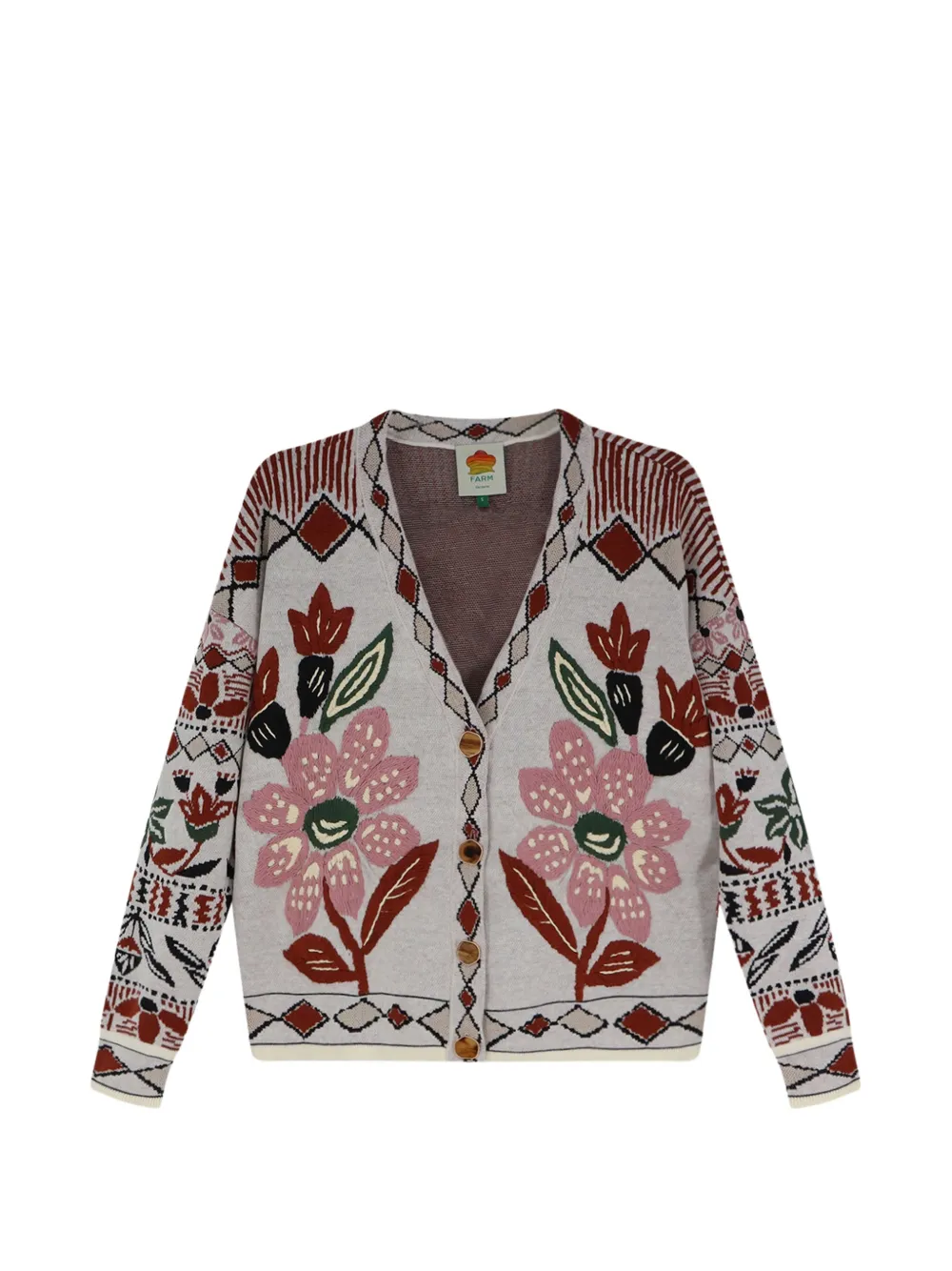 FARM Rio off-white Ainika embroidered flower knit cardigan - Nude