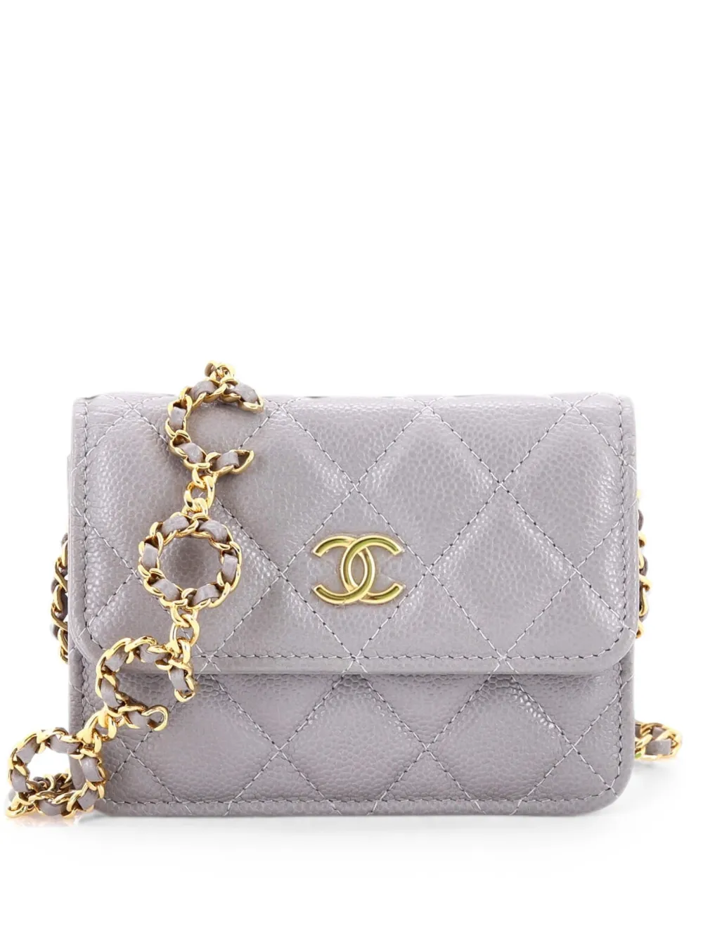 Pre-owned Chanel Miss Coco Strap Flap With Chain Quilted Caviar Mini Clutch Bag In Grey