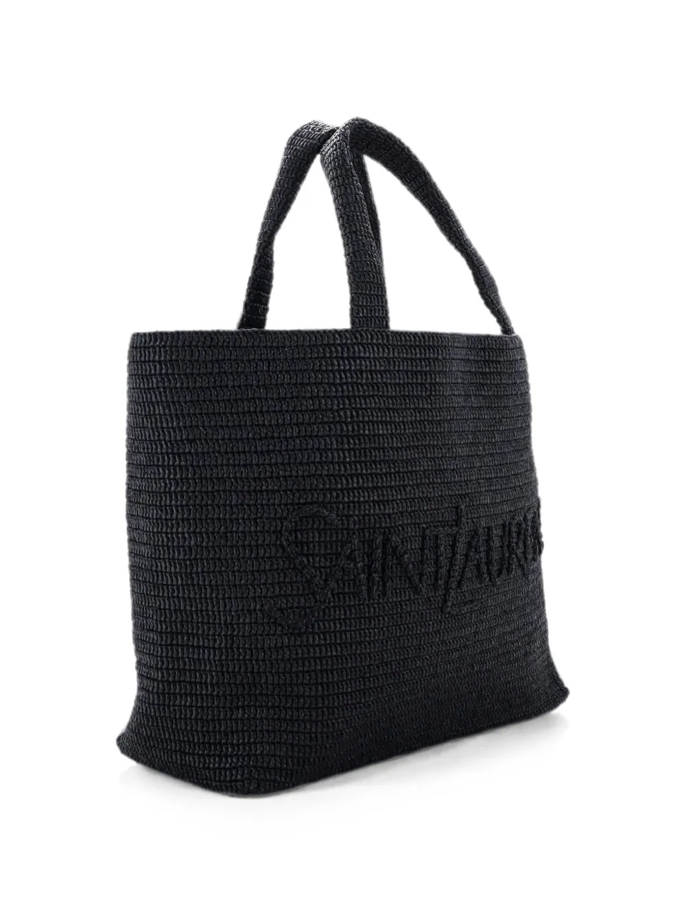 Pre-owned Saint Laurent Logo Supple Embroidered Raffia Tote Bag In Black