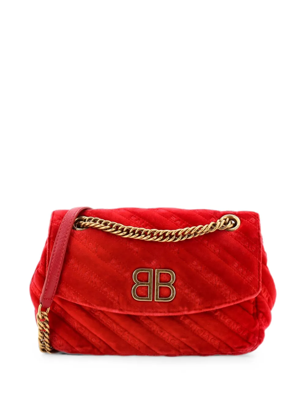 Pre-owned Balenciaga Bb Chain Round Quilted Velvet Small Shoulder Bag In Red