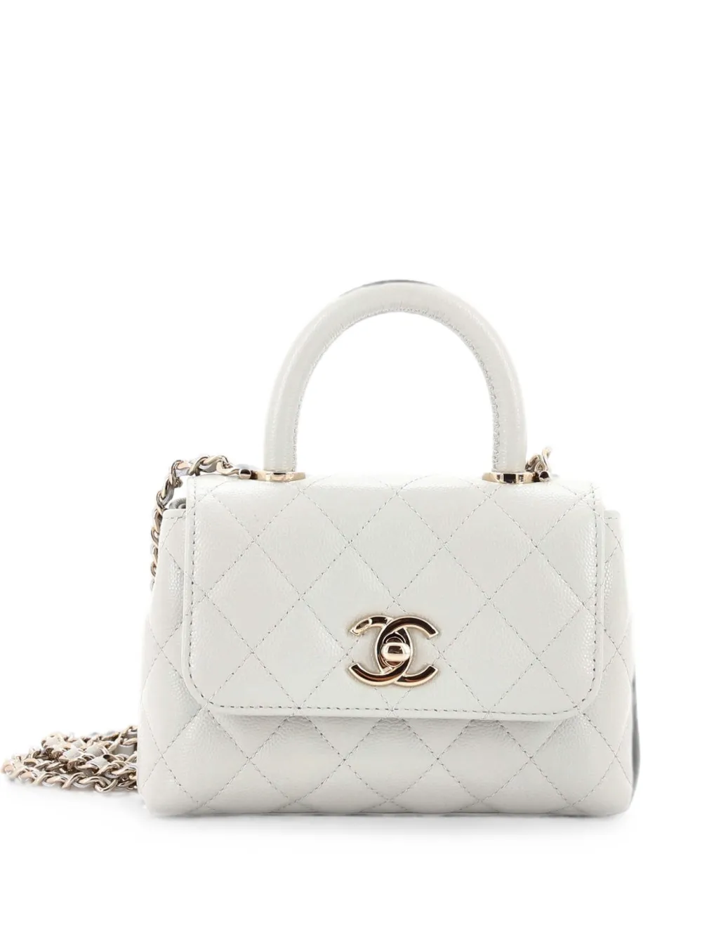 Pre-owned Chanel Coco Top Handle Clutch With Chain Quilted Caviar Mini Satchel In Grey