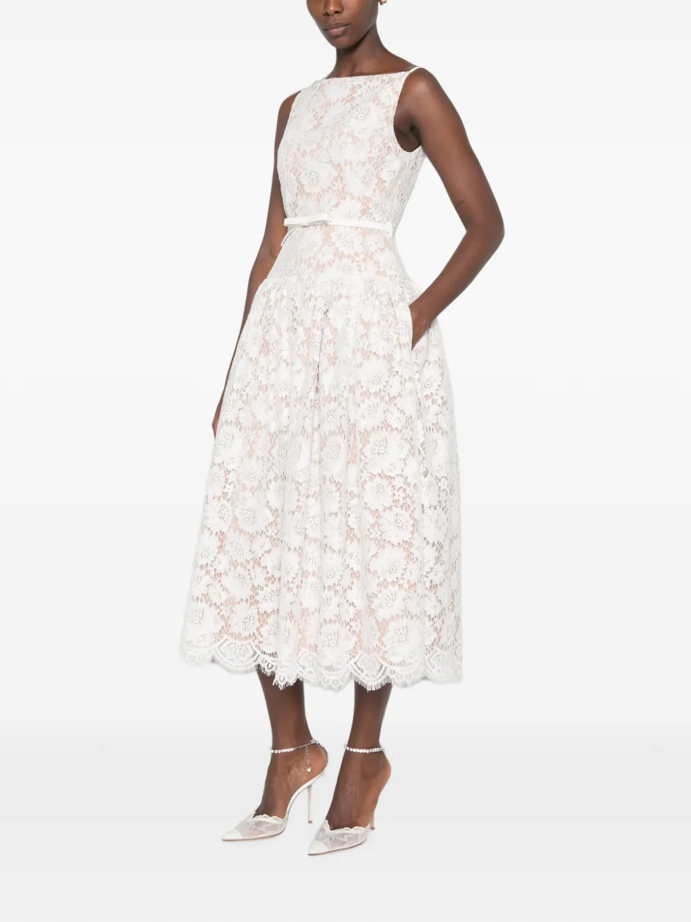 Self-Portrait Flared midi-jurk met kant Wit