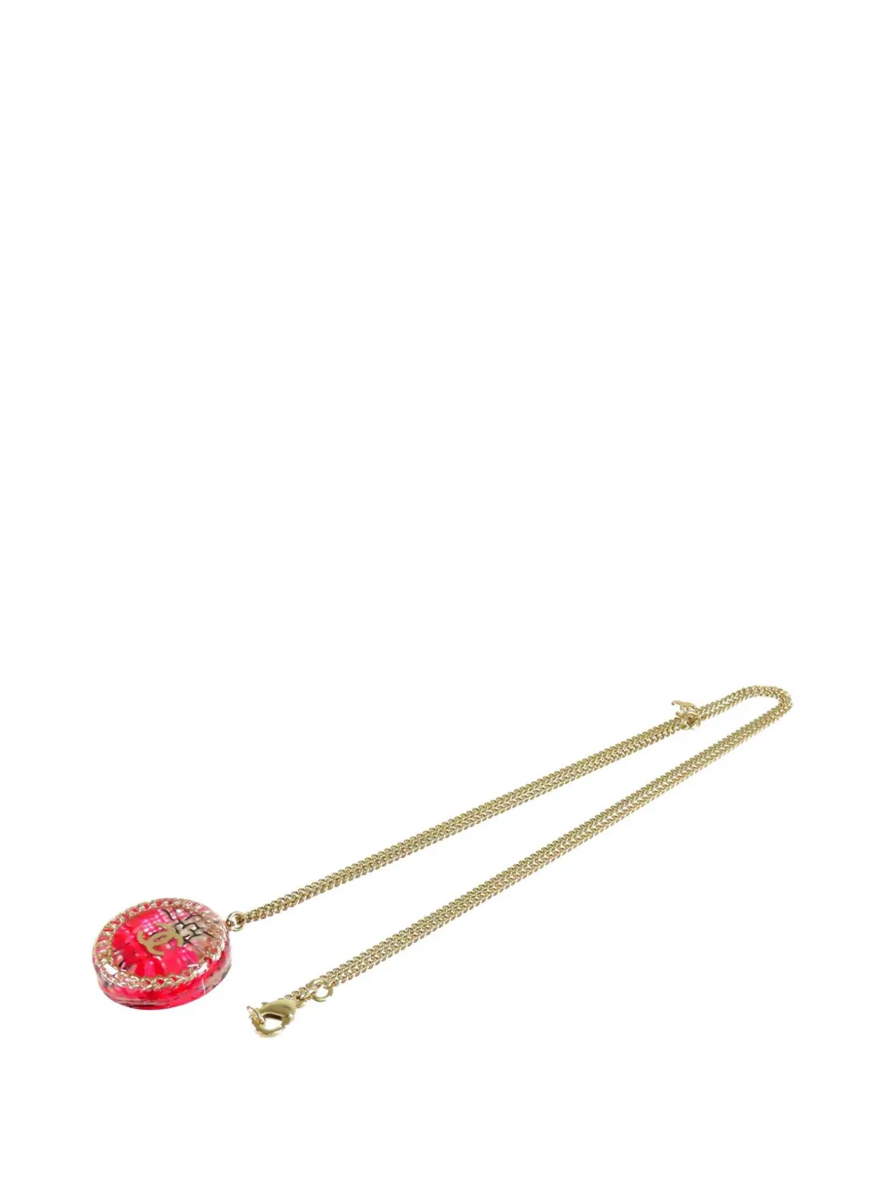 Pre-owned Chanel 2014 Cc Gold Plated Resin Tweed Chain Round Pendant Necklace Costume Necklace