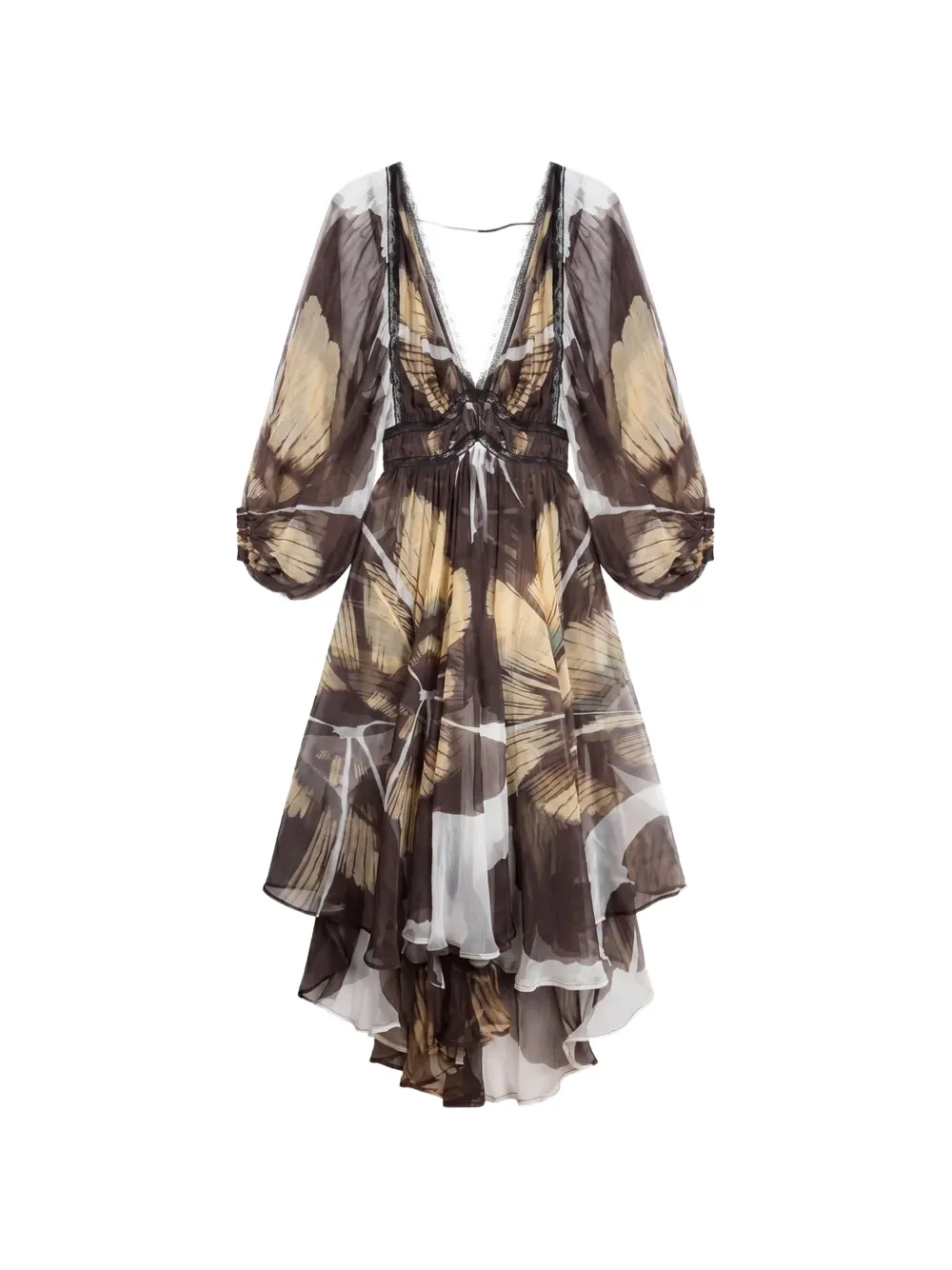Mes Demoiselles lace-trimmed butterfly-print long dress - Brown