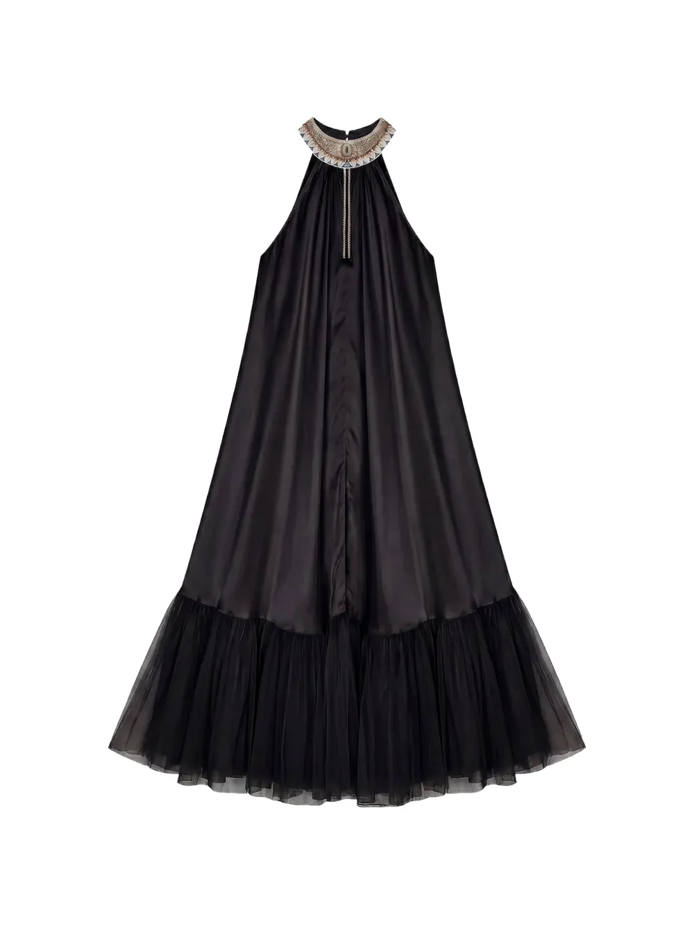 Mes Demoiselles Embellished Tulle-trim Maxi Dress In Black