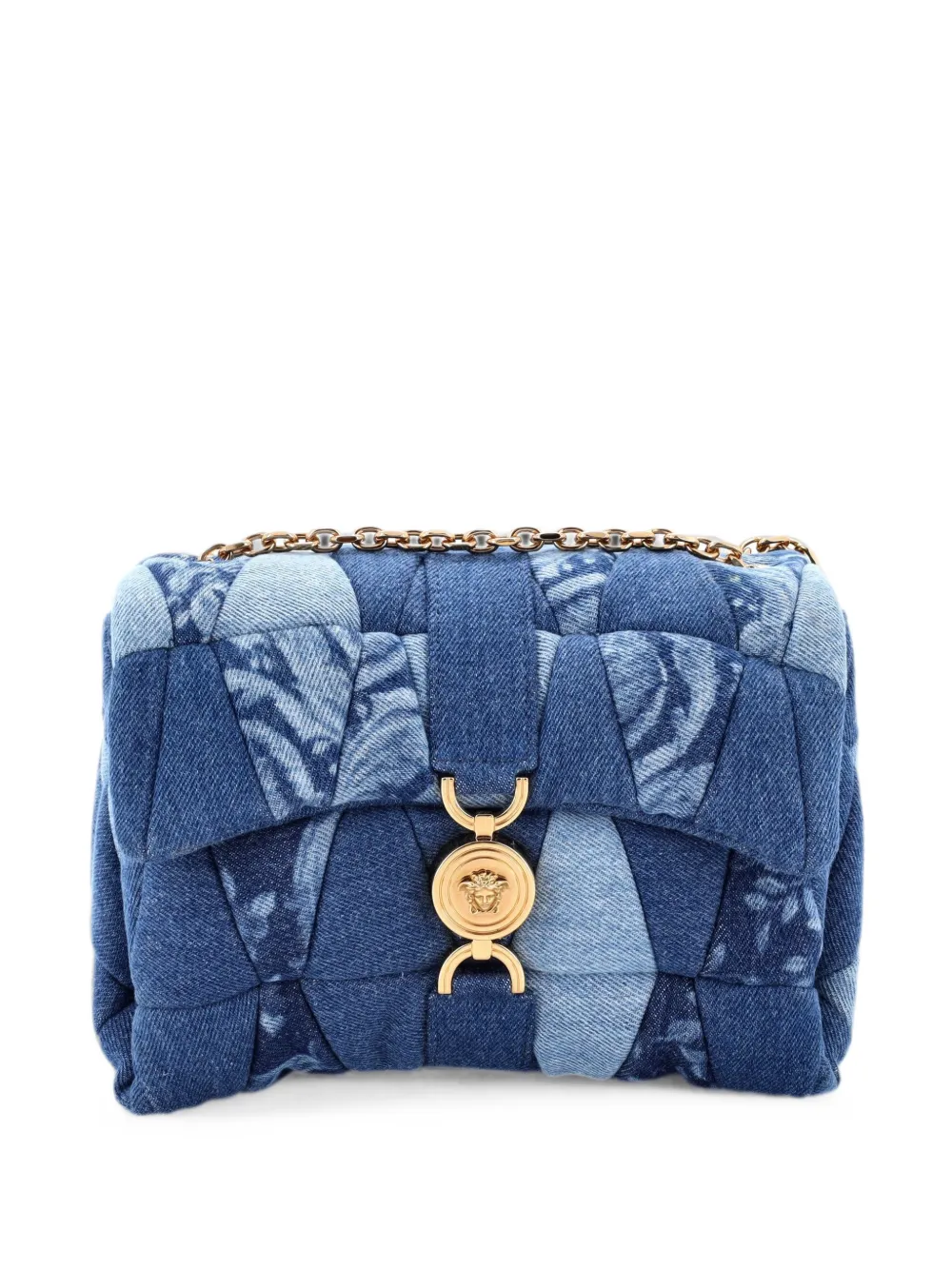 Pre-owned Versace Medusa Chain Flap Patchwork Denim Shoulder Bag In Blue