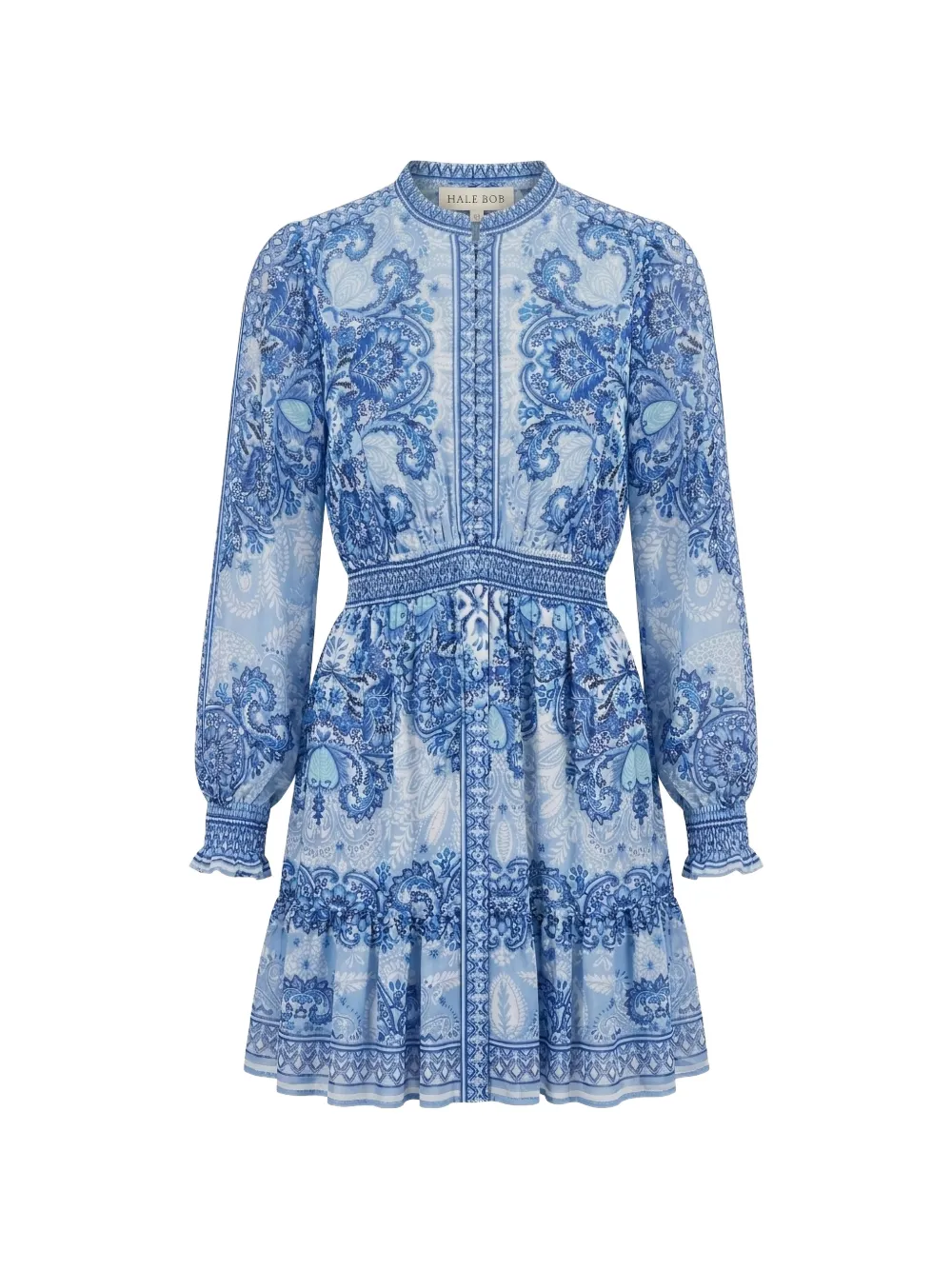 hale bob blue dress Eleanora paisley-print Smocked Mini | Ss24 sleeve 3/4 length sleeve One Shoulder Black Glitter Neckline:Wrap Neckline
