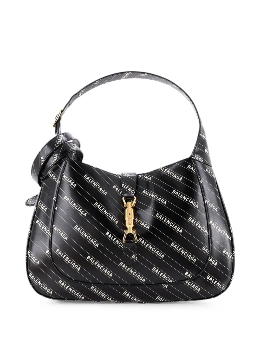 Pre-owned Gucci X Balenciaga The Hacker Project Jackie 1961 Printed Leather Medium Hobo Bag In Black