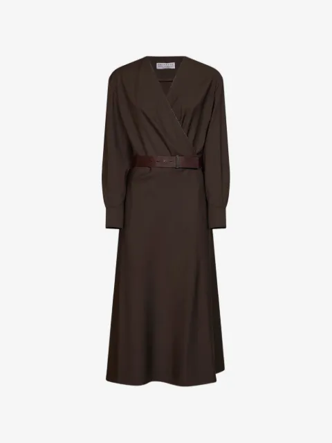 Brunello Cucinelli vestido midi con cinturón y aplique Monili