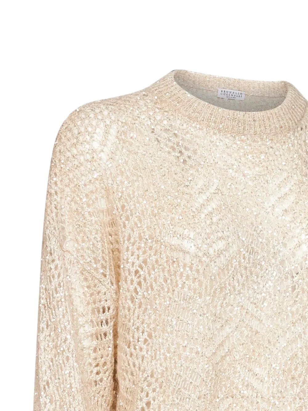 Brunello Cucinelli sequin-embellished openwork-knit sweater Beige