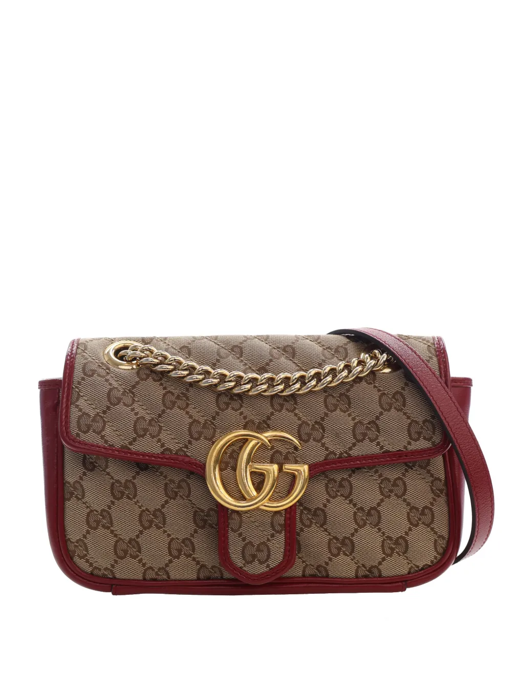 Pre-owned Gucci 2016-2026 Small Gg Marmont Matelasse Diagonal Gg Canvas And Leather Shoulder Bag In Red
