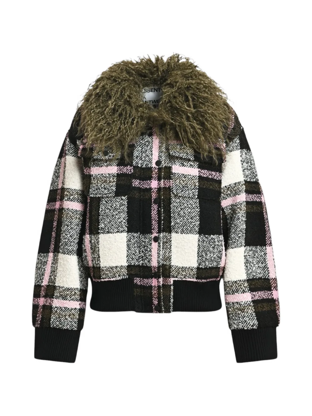Essentiel Antwerp check-pattern faux-fur-collar jacket