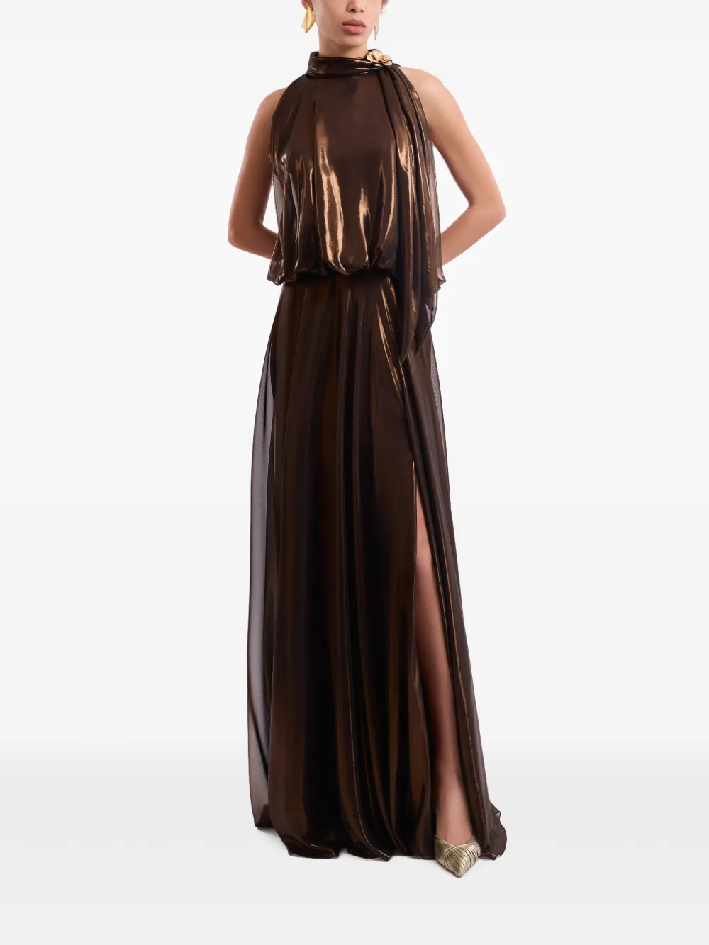 Gemy Maalouf maxi-jurk met halternek en bloemdetail Bruin