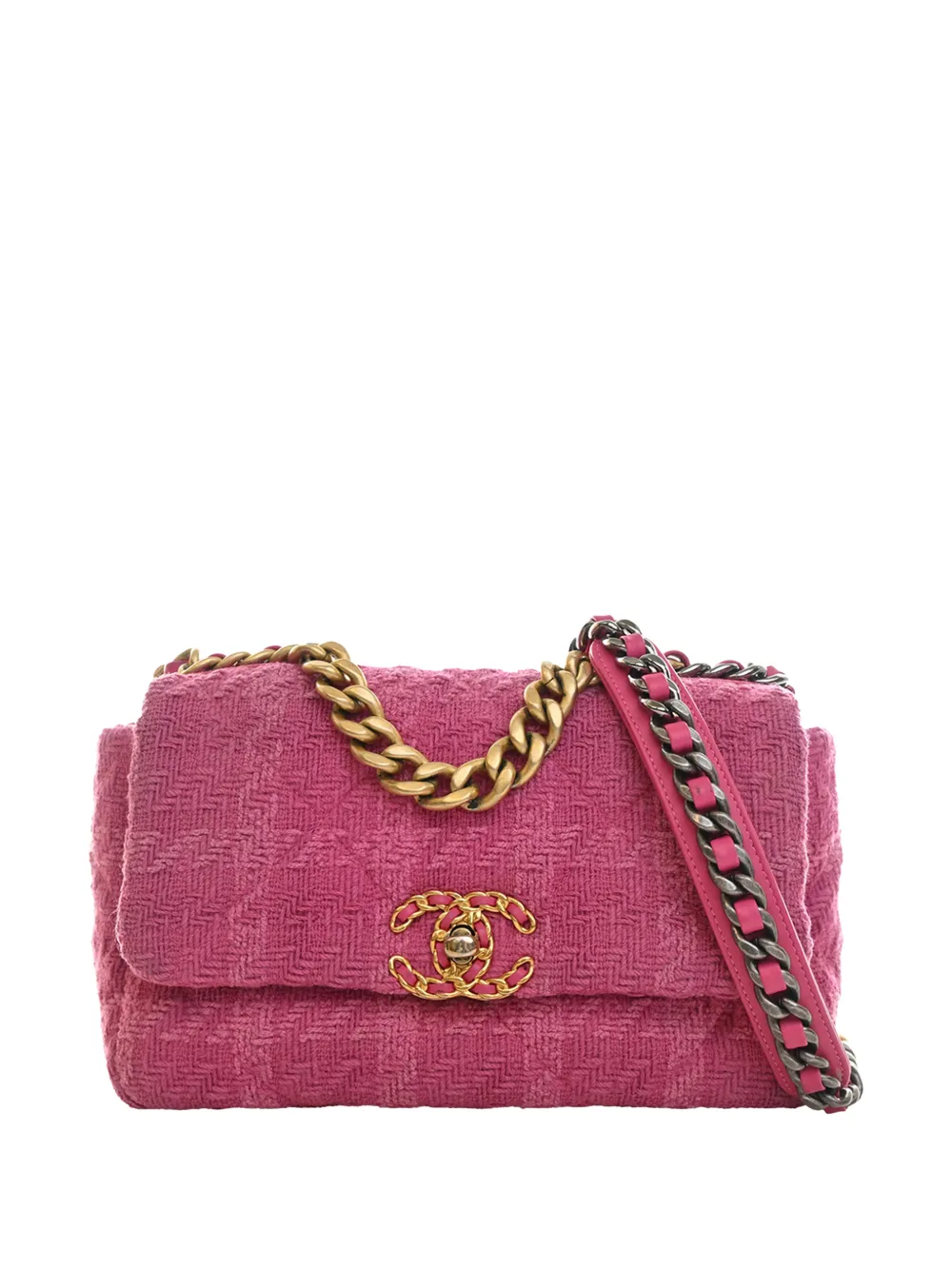 Pre-owned Chanel 2019 Medium Tweed 19 Flap Satchel In Pink