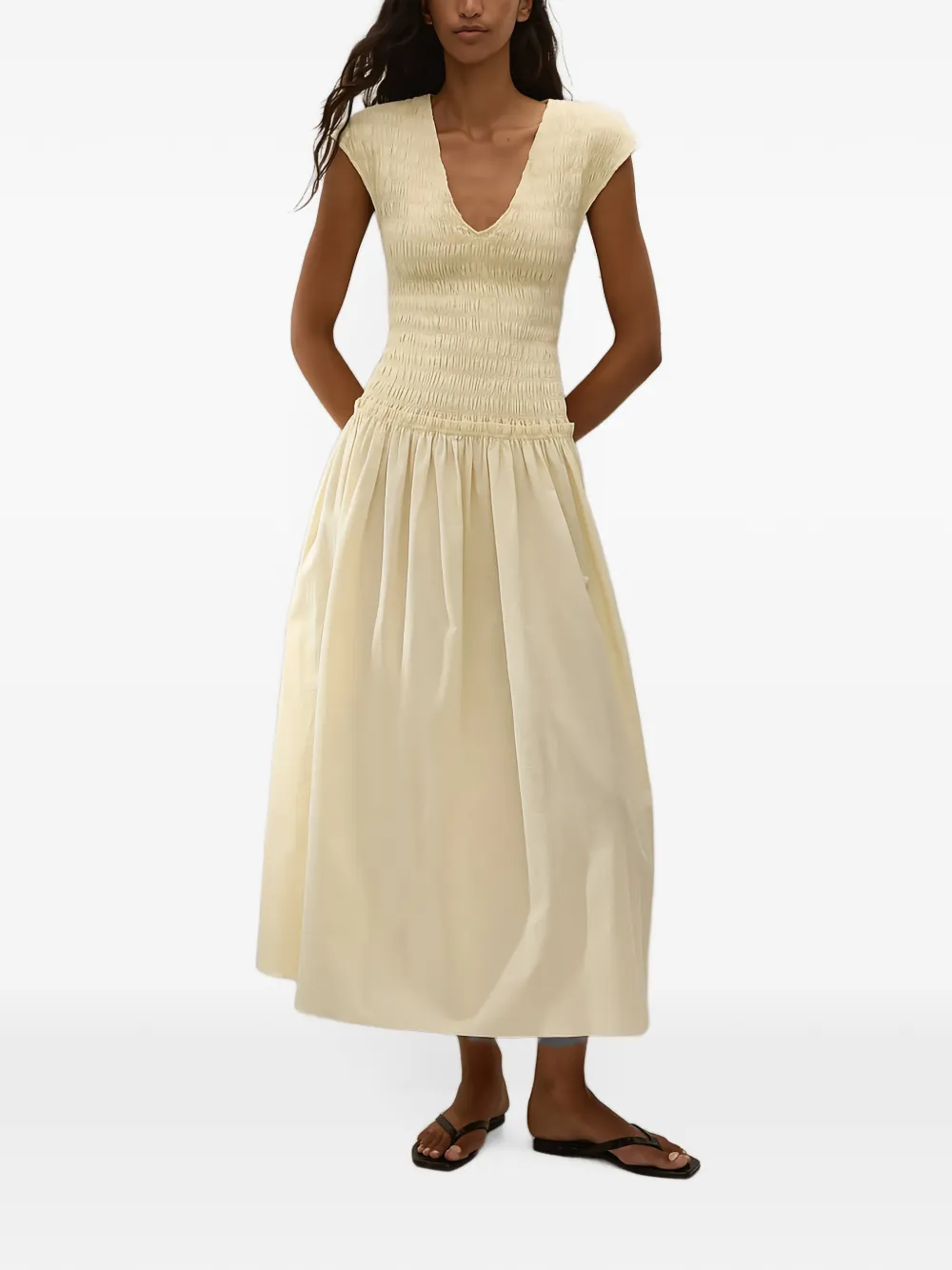 Faithfull Carmen shirred V-neck dress - Neutrals