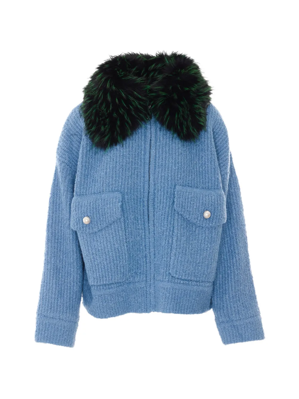 Essentiel Antwerp Ribgebreid jack met kraag van imitatiebont Blauw