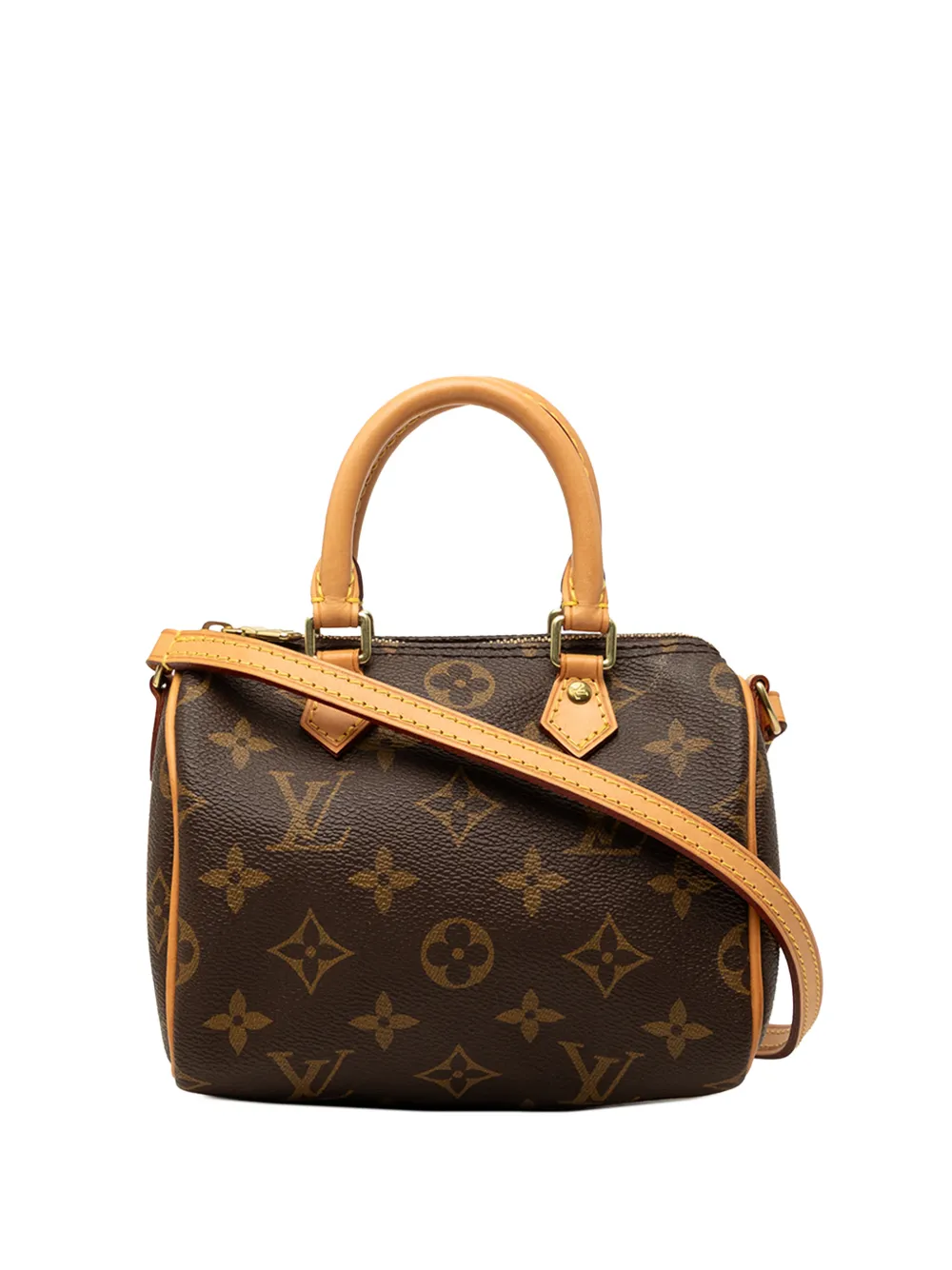 Pre-owned Louis Vuitton 2015 Monogram Nano Speedy Bandouliere Satchel In Brown
