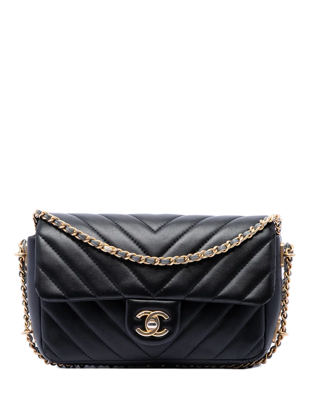 CHANEL Pre-Owned 2018 Mini Rectangular Chevron Lambskin Chain Around Flap crossbody bag - Nero
