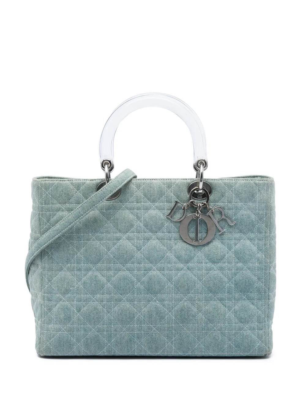 Pre-owned Dior 1999 Large Denim Cannage Acrylic Handles Lady  Satchel In Blue