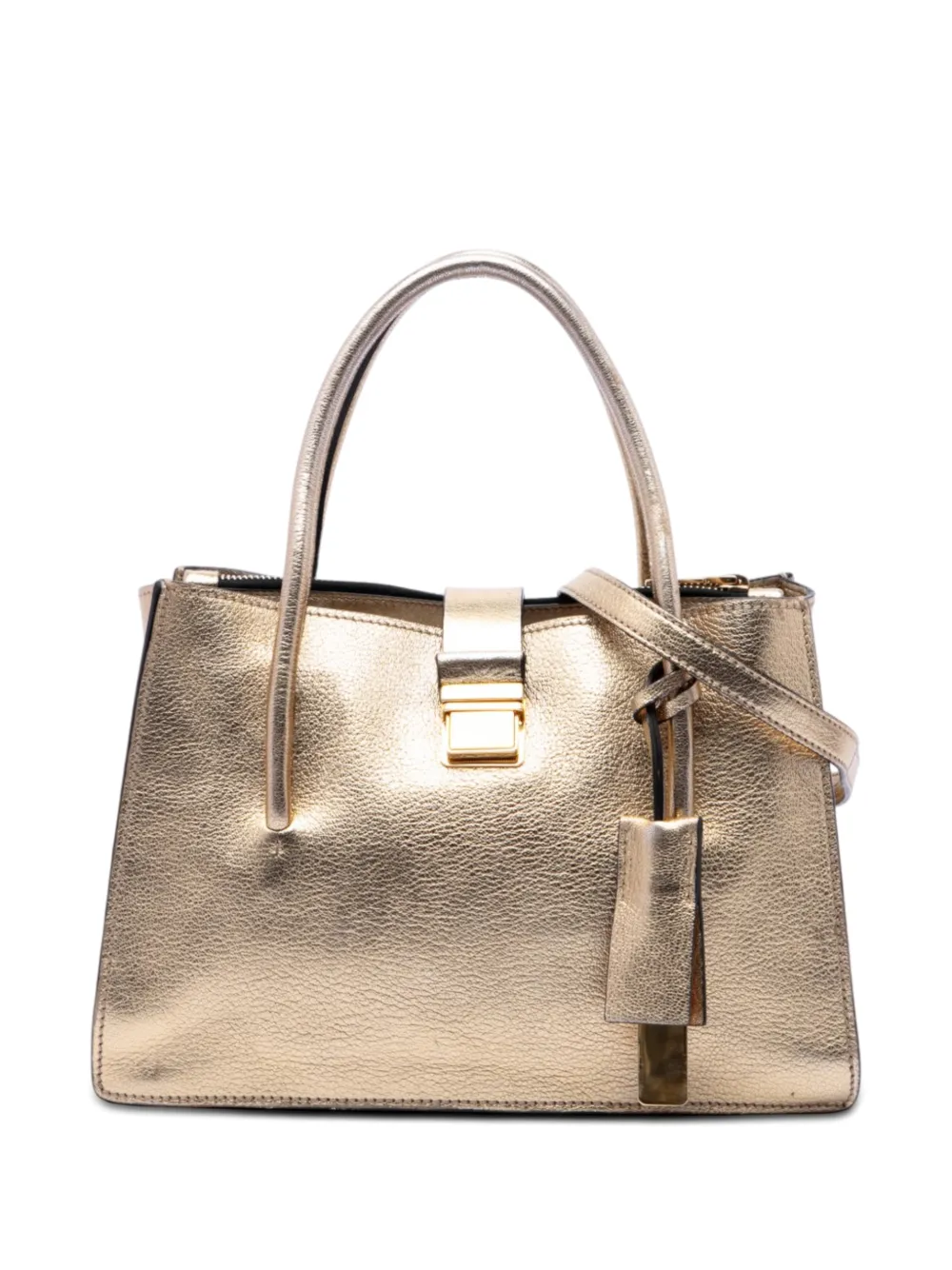 Pre-owned Miu Miu 2010-2026 Metallic Goatskin Madras Push Lock Tote Satchel In Gold