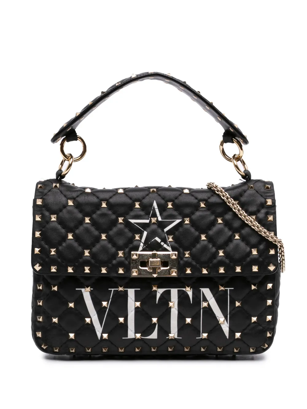 Pre-owned Valentino Garavani 2000-2026 Medium Lambskin Vltn Rockstud Spike Satchel In Black