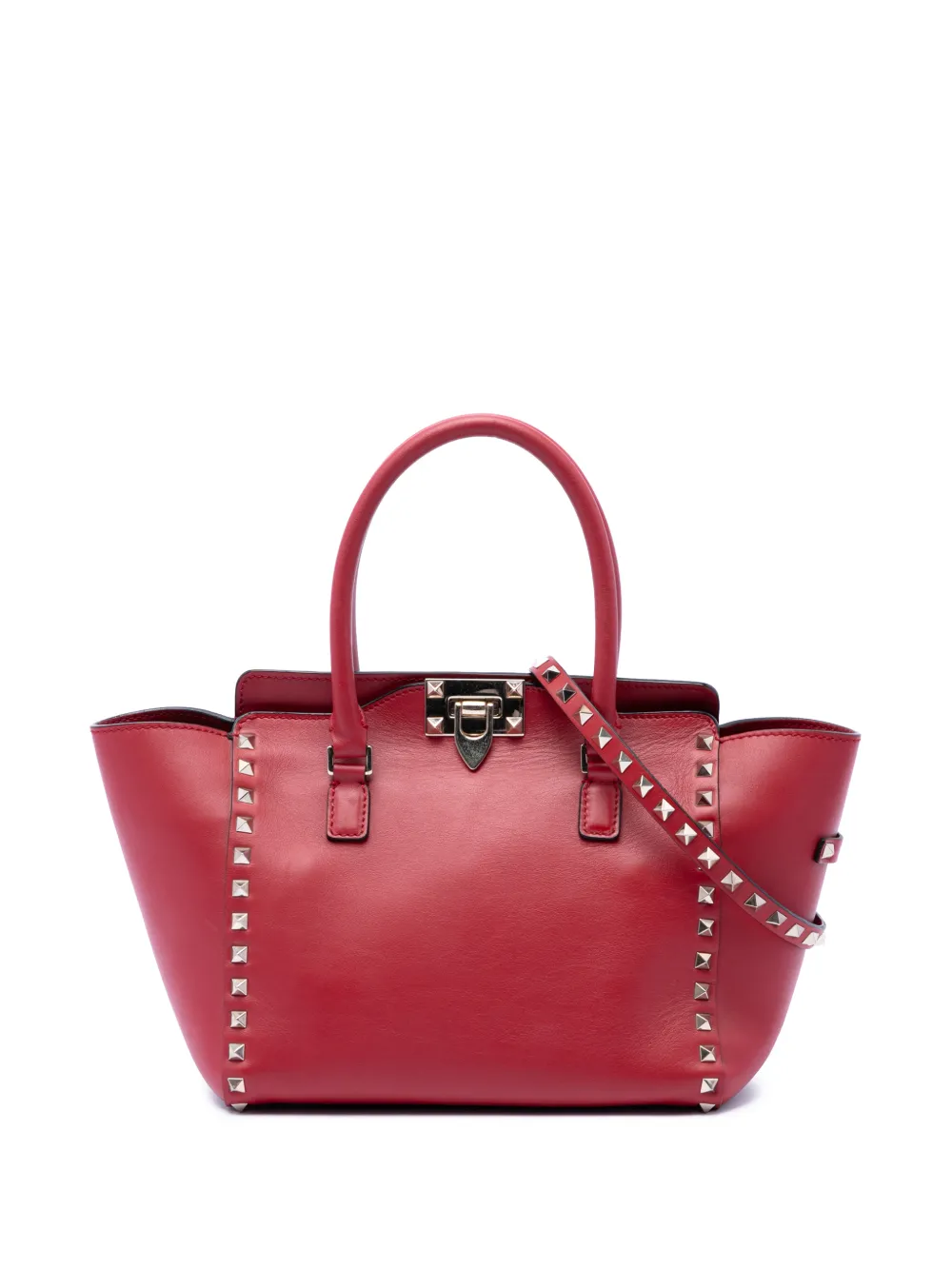 Pre-owned Valentino Garavani 2018-2026 Small Leather Rockstud Trapeze Satchel In Red