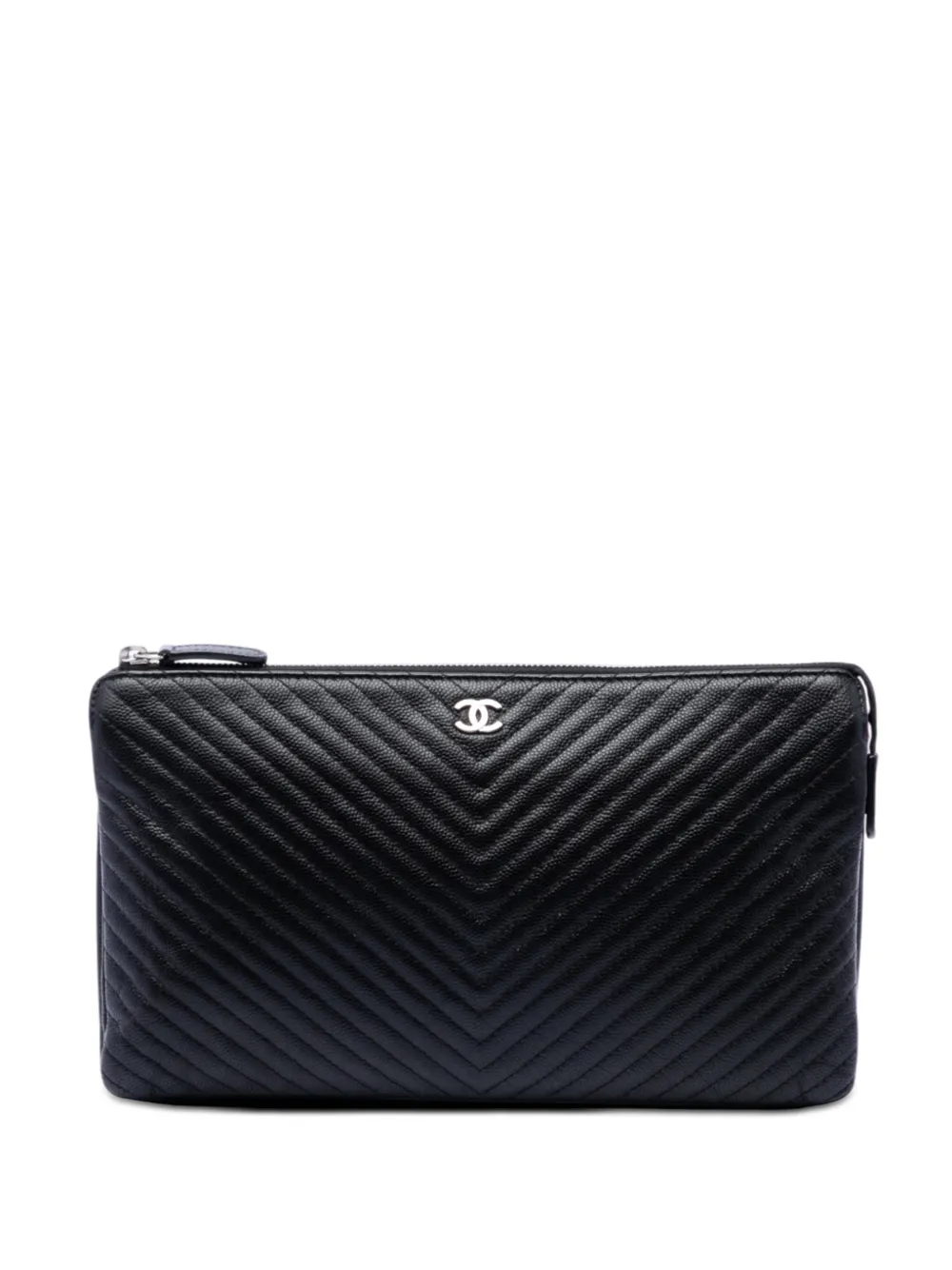 CHANEL Pre-Owned 2016-2017 CC Chevron Clutch aus Kaviarleder mit Reißverschluss - Schwarz