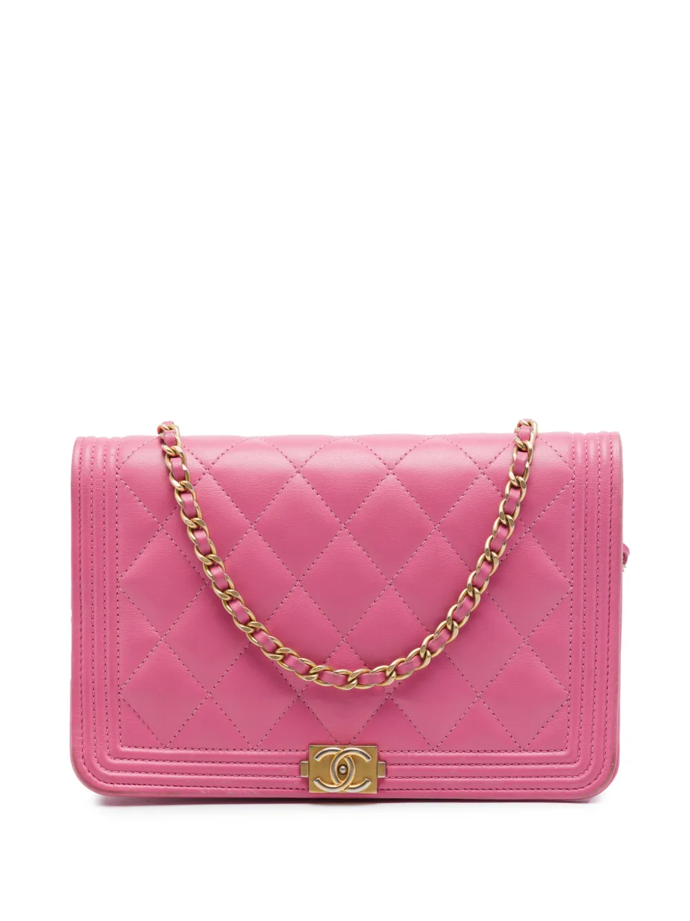 Pre-owned Chanel 2018-2019 Quilted Lambskin Boy Wallet On Chain Crossbody Bag In Pink