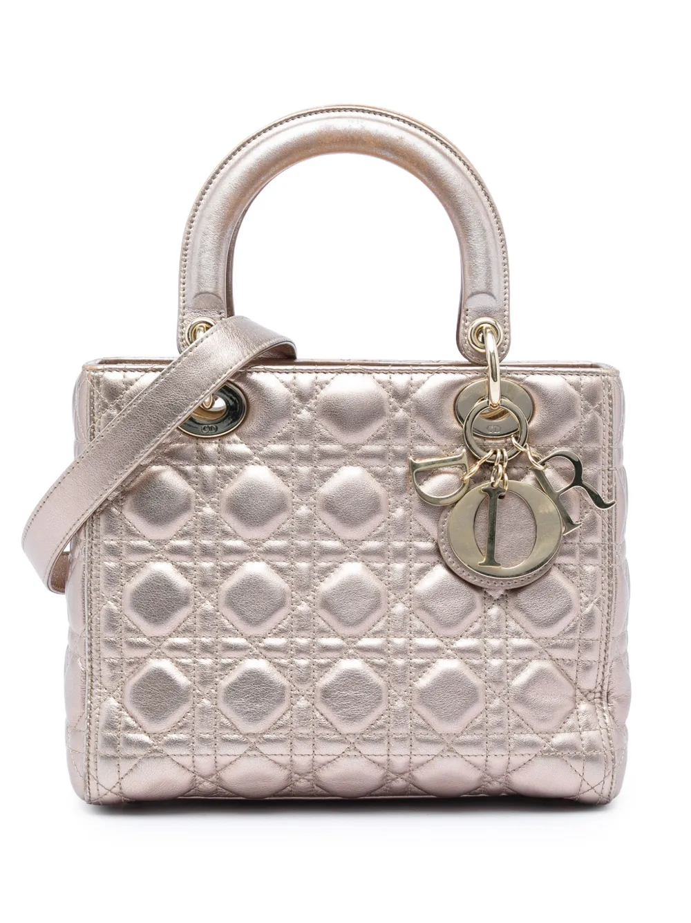 Pre-owned Dior 2019 Medium Metallic Lambskin Cannage Lady  Satchel In Gold