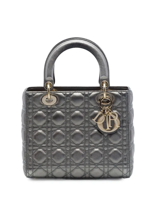 Dior Pre-owned 2019 Medium Metallic Lambskin Cannage Lady Dior Satchel in Grey