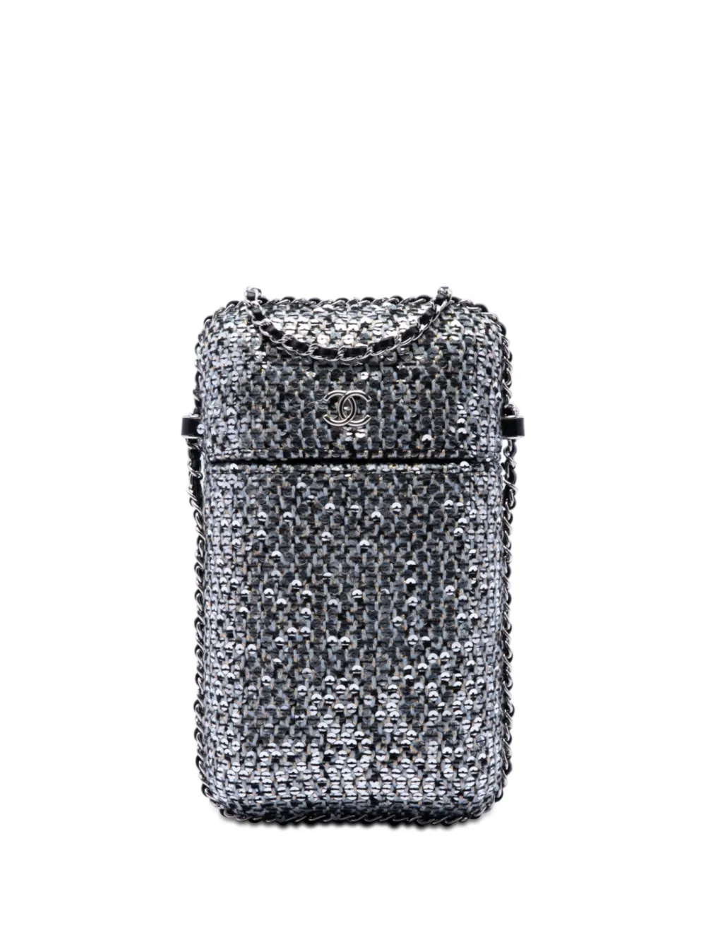 CHANEL Pre-Owned 2019 CC Tweed and Sequin Chain Around Phone Holder crossbody bag - Argento