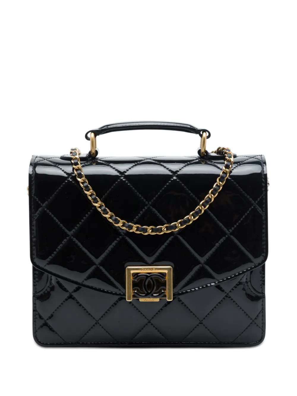 Pre-owned Chanel 2021-2026 Cc Quilted Patent Accordion Pushlock Top Handle Flap Satchel In Black