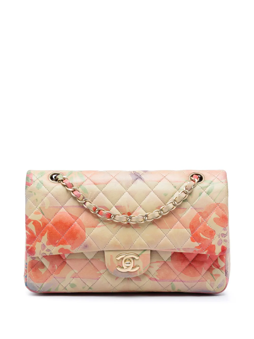 CHANEL Pre-Owned 2009-2010 Medium Classic Lambskin Tropical Flower Print Double Flap shoulder bag - Arancione