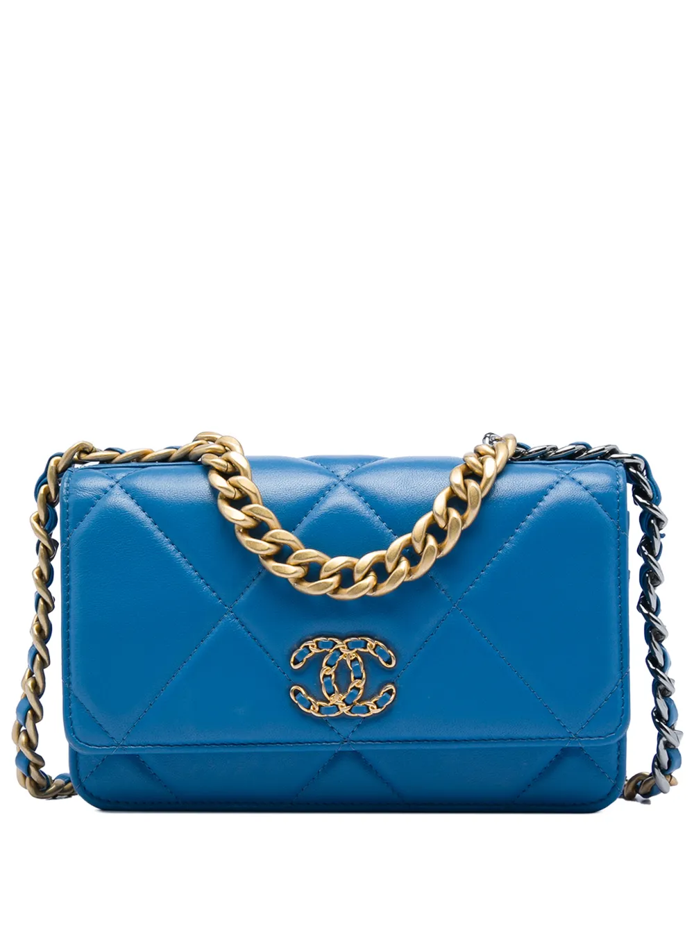 Pre-owned Chanel 2019 Quilted Lambskin 19 Wallet On Chain Satchel In Blue