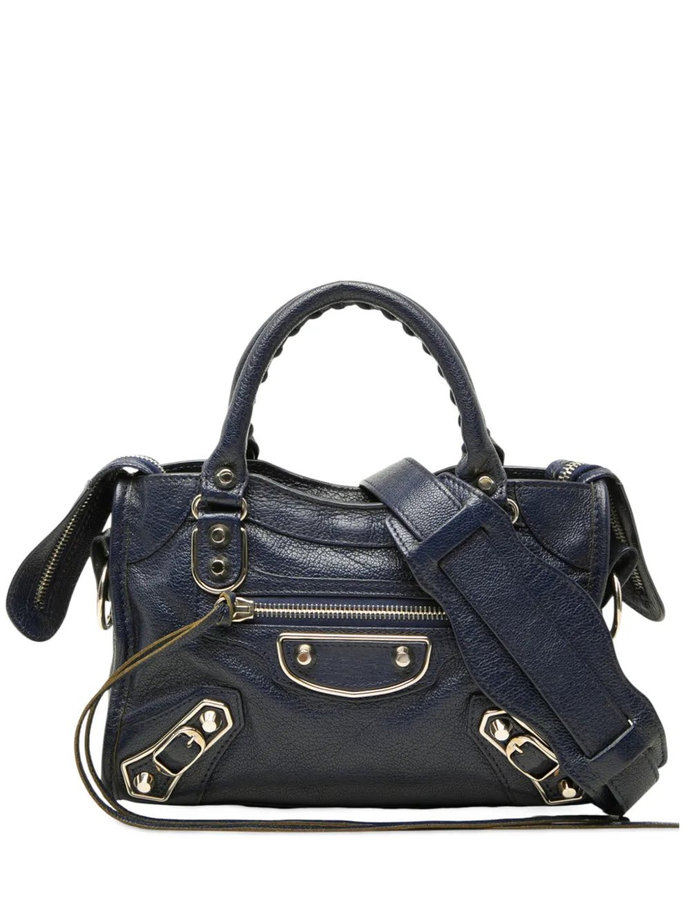 Pre-owned Balenciaga 2018 Mini Goatskin Motocross Classic Metallic Edge City Satchel In Blue
