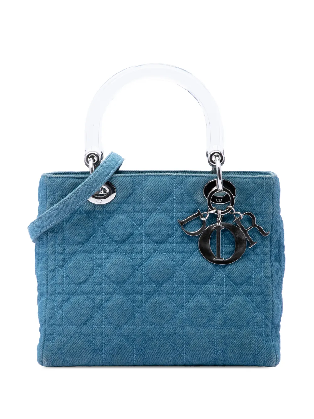Pre-owned Dior 1999 Medium Denim Cannage Acrylic Handles Lady  Satchel In ブルー