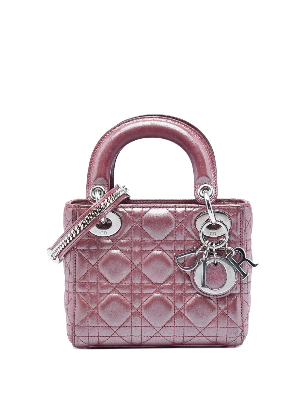 Pre-owned Dior 2015 Mini Iridescent Lambskin Cannage Lady  Satchel In Pink