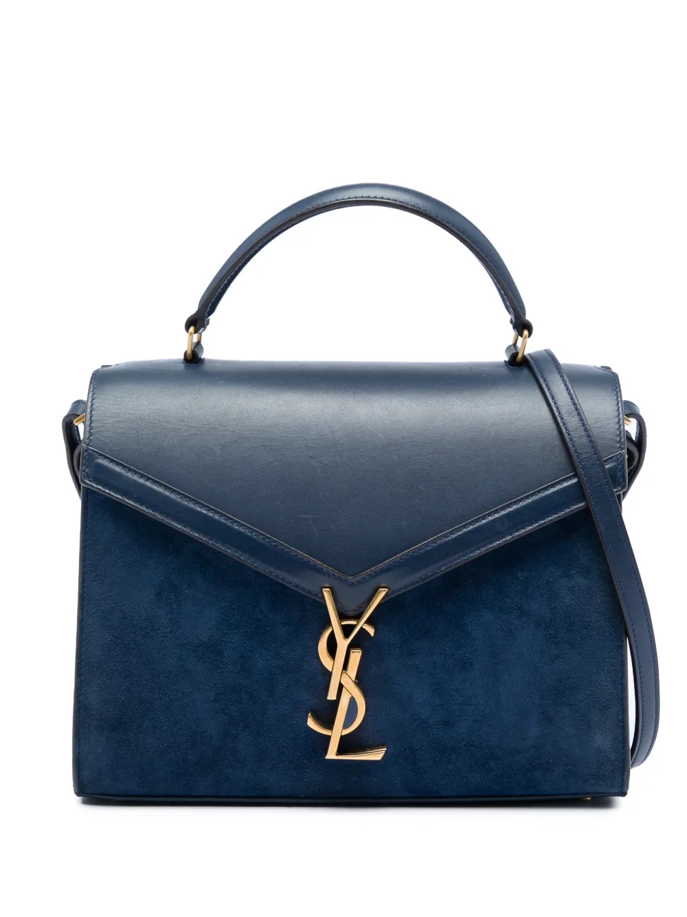 Pre-owned Saint Laurent 2019 Medium Calfskin And Suede Classic Monogram Cassandra Top Handle Bag Satchel In Blue