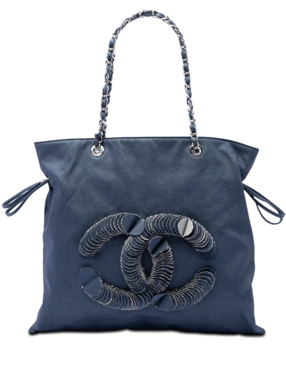 Pre-owned Chanel 2008-2009 Large Denim Cc Disc Bon Bon Tote Bag In Blue