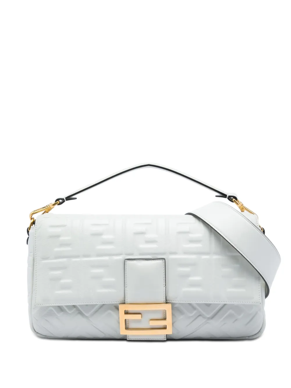 Pre-owned Fendi 2010-2026 Large Zucca Embossed Leather Baguette Satchel In White
