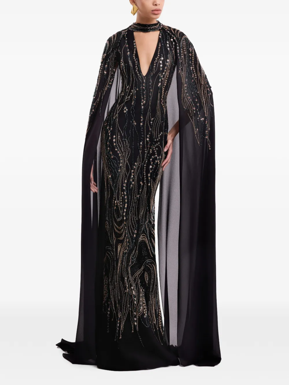 Gemy Maalouf beaded cape-sleeve maxi dress - Nero