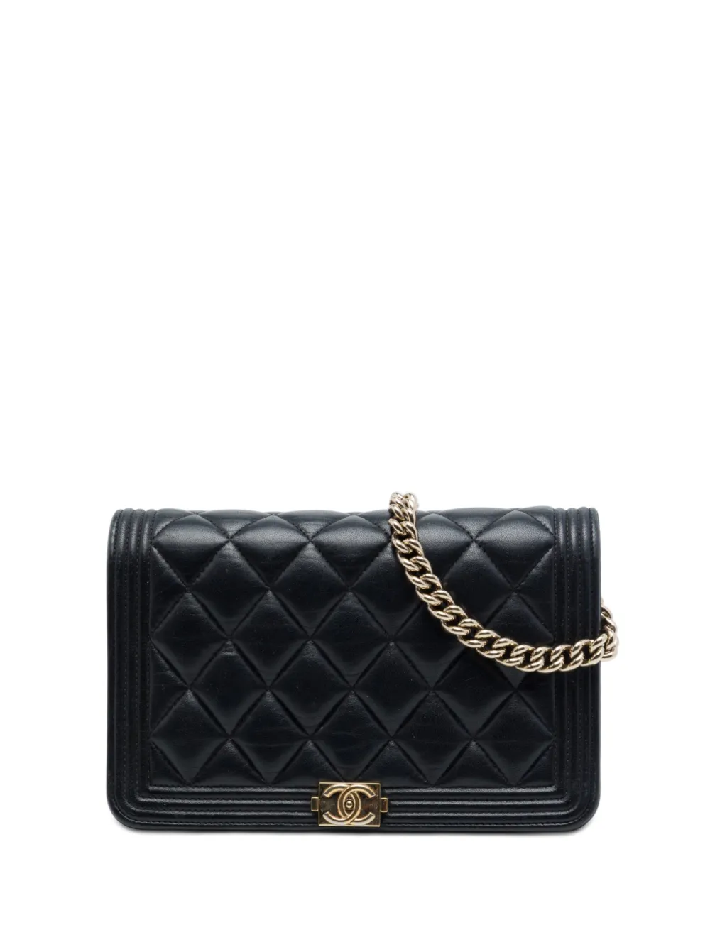 Pre-owned Chanel 2019 Quilted Lambskin Boy Wallet On Chain Crossbody Bag In Black
