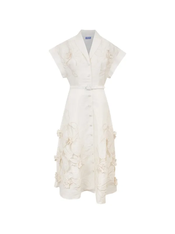 Leo Lin Floral-appliqué Belted Midi Dress in White