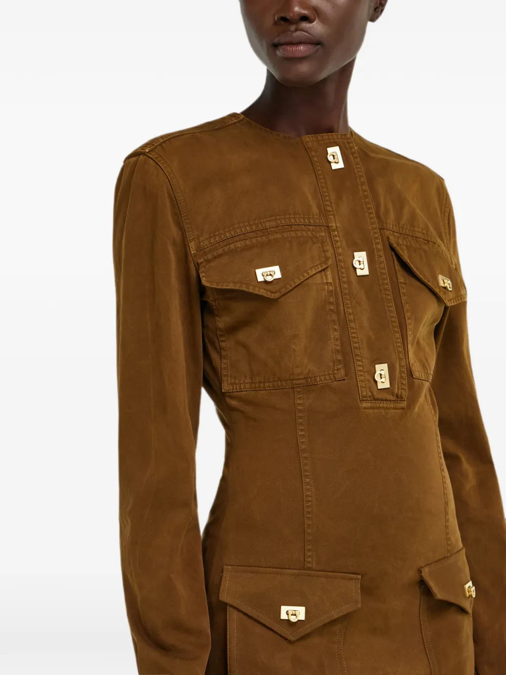 Ferragamo Gabardine midi-jurk met verwassen effect Bruin