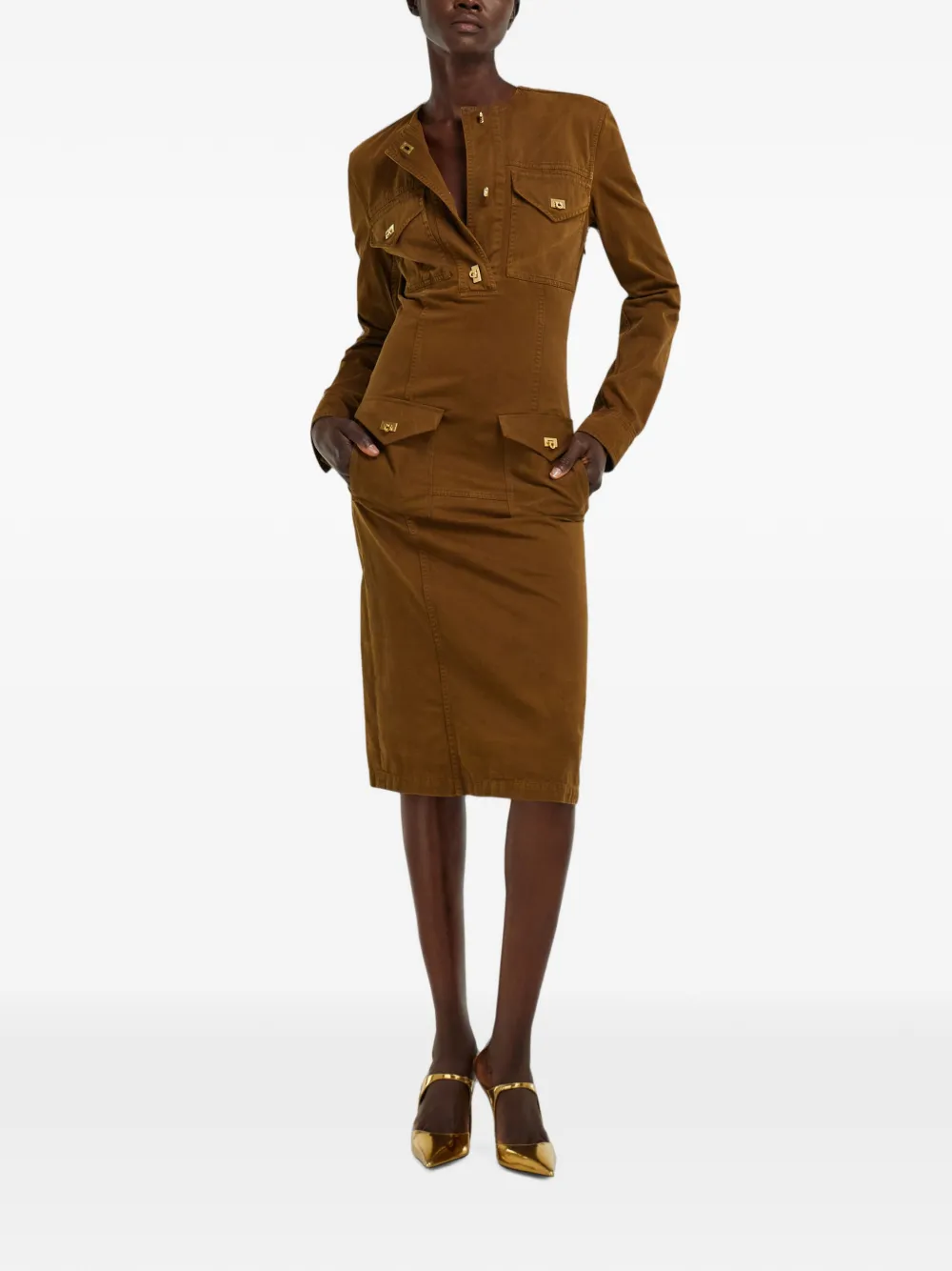 Ferragamo Gabardine midi-jurk met verwassen effect Bruin