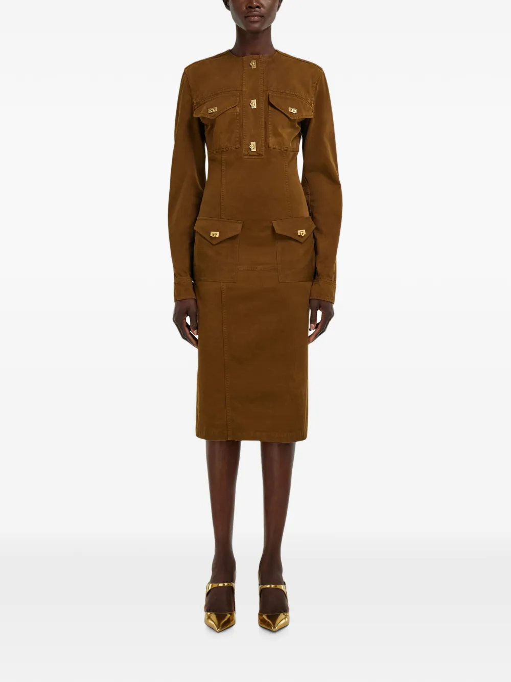 Ferragamo Gabardine midi-jurk met verwassen effect Bruin