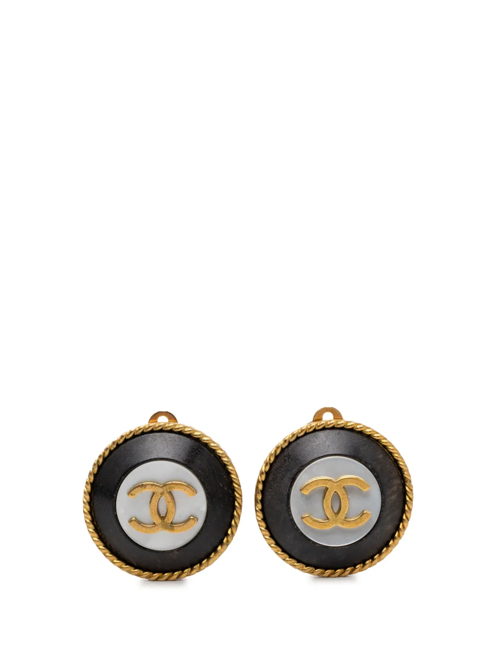 Pre-owned Chanel 1994 Cc Gold Plated And Enamel Round Clip On Earrings Costume Earrings In Black