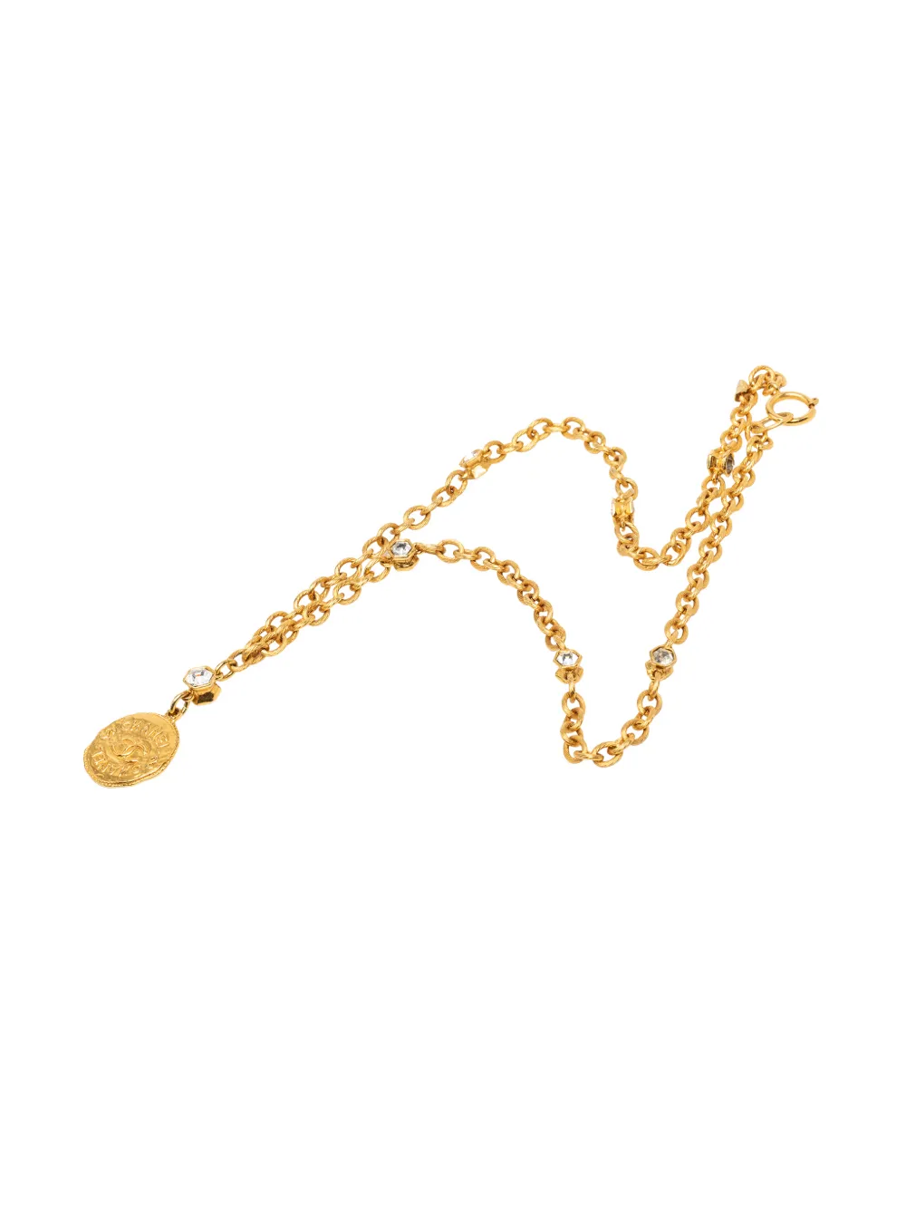 Pre-owned Chanel 1970-1980 Cc Gold Plated Strass Medallion Pendant Necklace Costume Necklace