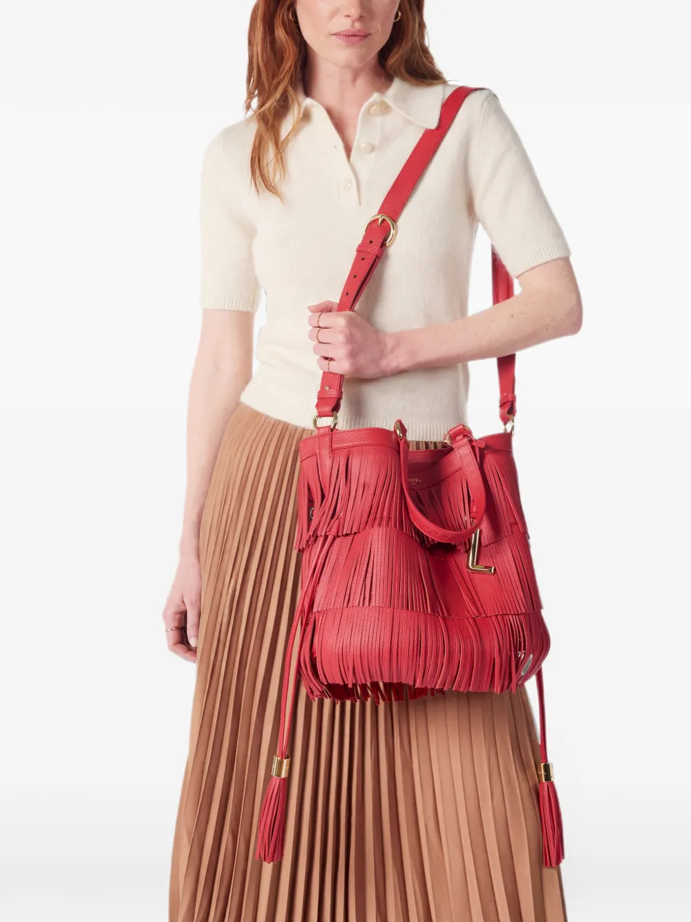 Lancel Premier Flirt fringed leather bucket bag Rood