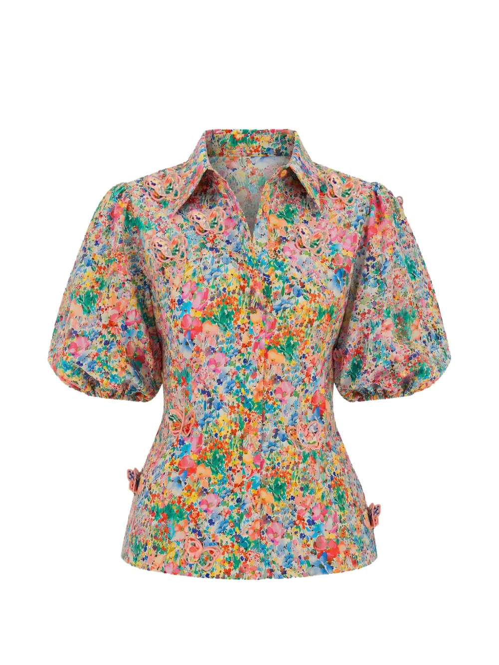 FARM Rio butterfly-appliqué floral-print blouse Beige